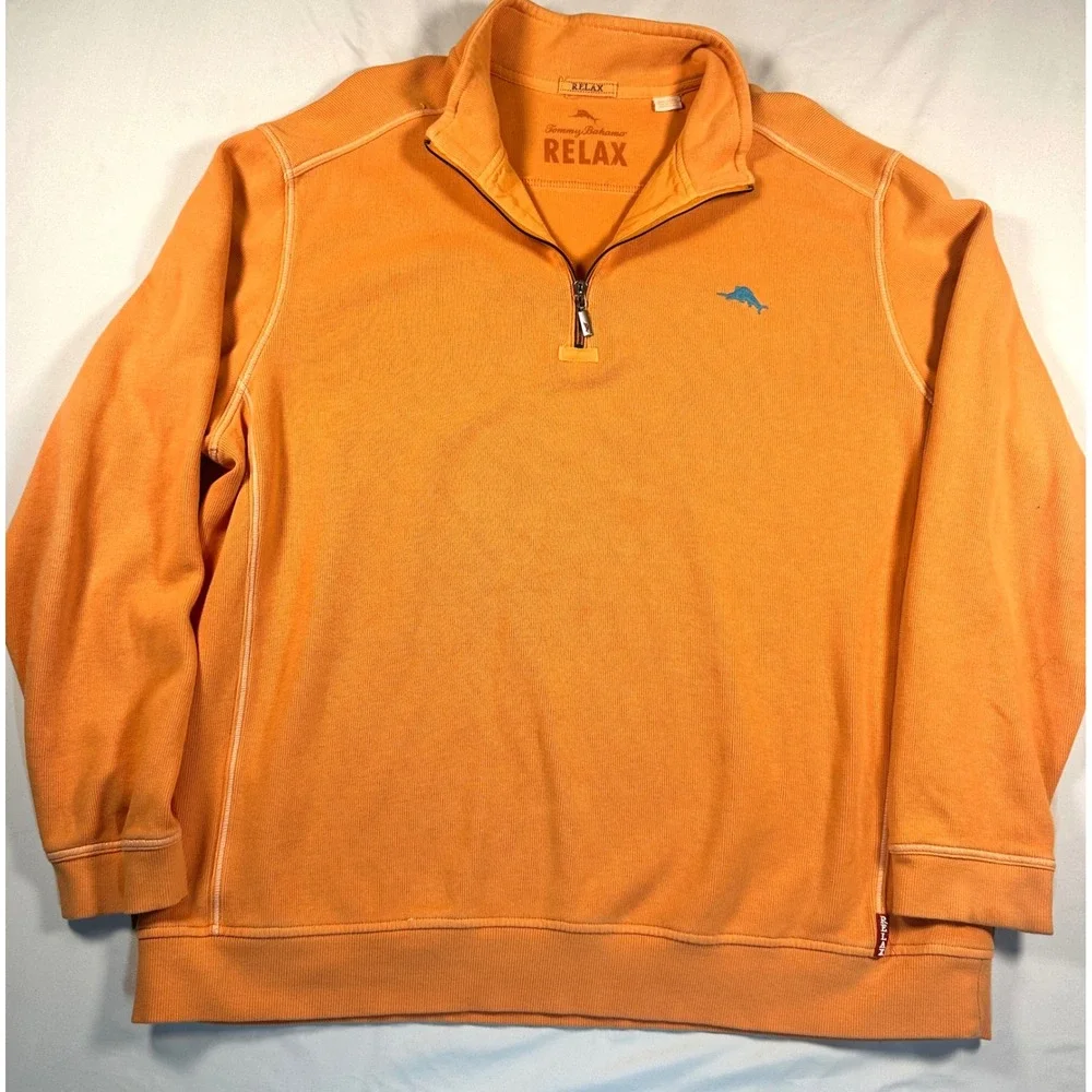 Tommy Bahama Relax Mens 2XL Orange 1/4 Zip Cotton Ribbed Pullover Sweater‎